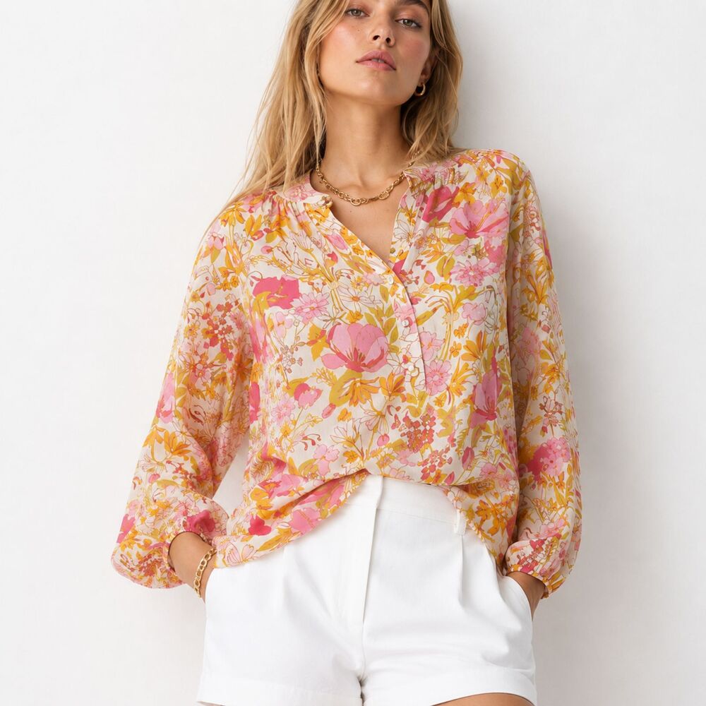 Spartina Cora Silk Floral Blouse Cottagecore Coquette Southern Belle Charm Top S - Picture 1 of 5